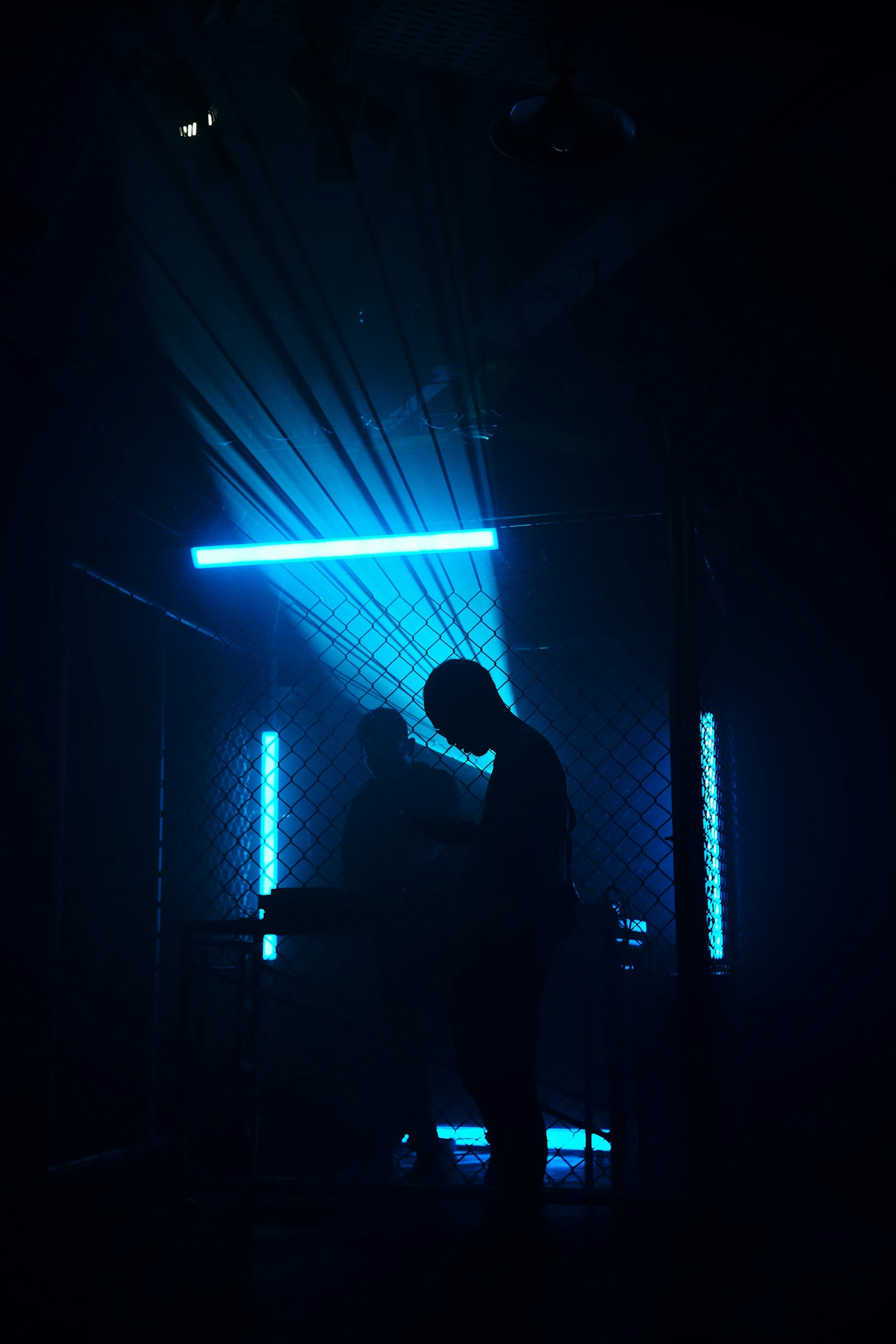 DJ booth in a dark club interior